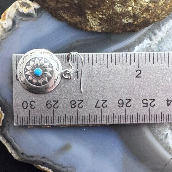 Native American Sterling Silver Turquoise Dot Stamped Concho Dangle Earrings - Picture 10 of 10